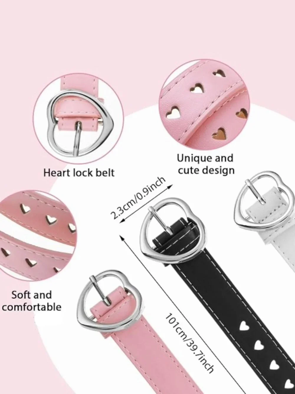 Girls Heart Buckle Belts 3-Pack Pink White Black Adjustable Faux Leather
